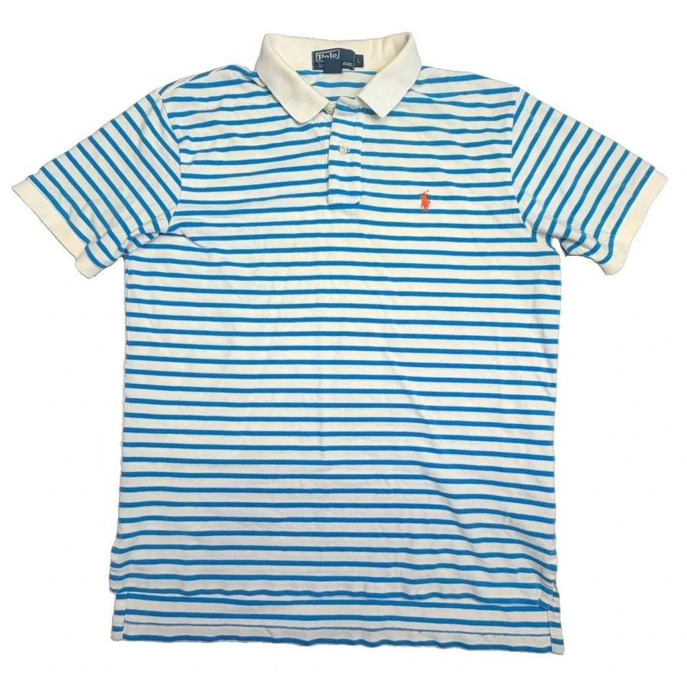 Vintage Polo Ralph Lauren Men's L Blue White‎ Striped Pony Polo Shirt Cotton